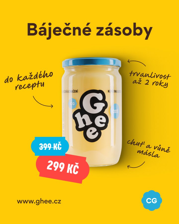 Žlutý banner akce Báječné zásoby s produktem a cenou 299 Kč