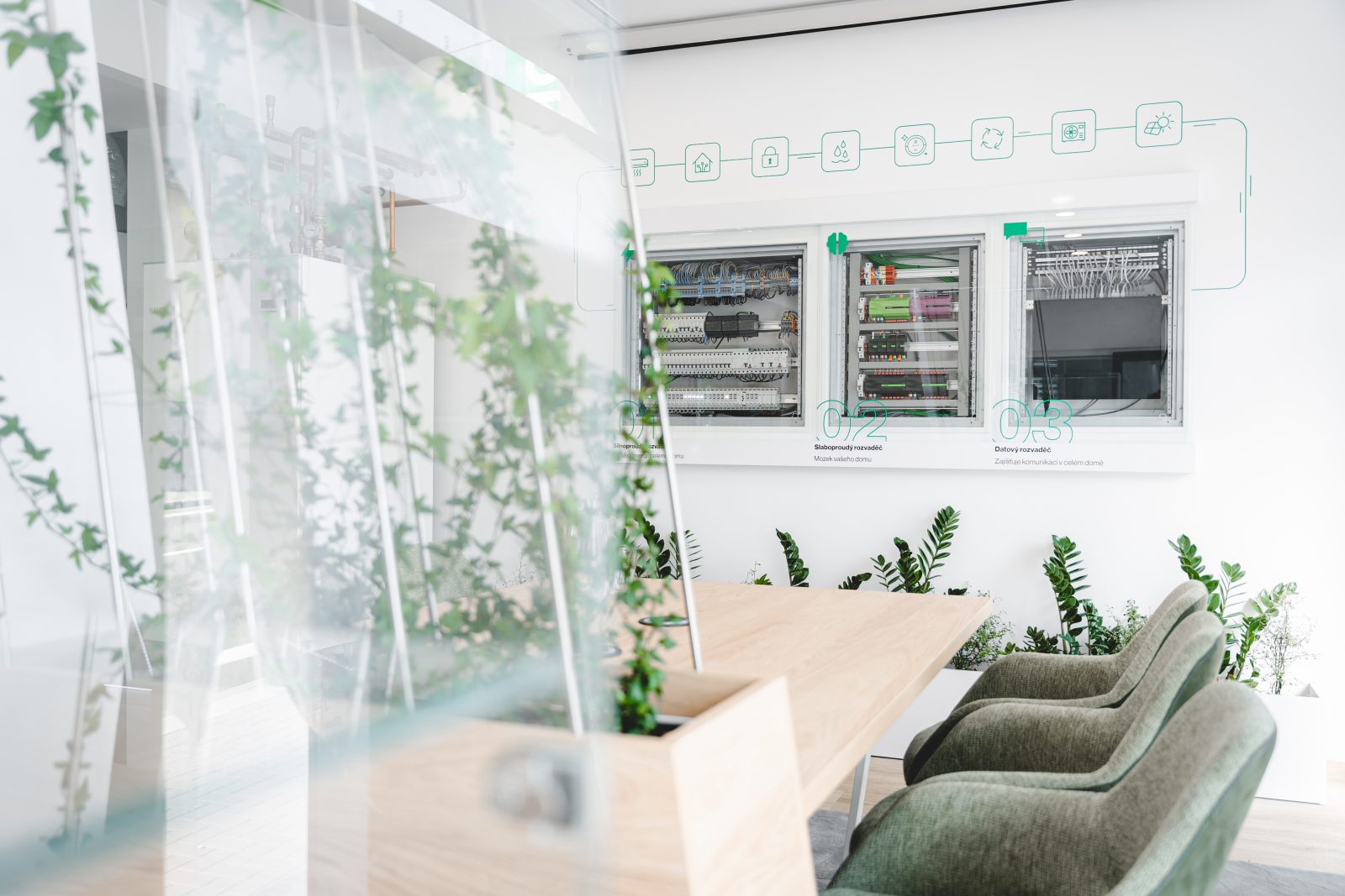 Ukázkové rozvaděče chytré domácnosti ve showroomu