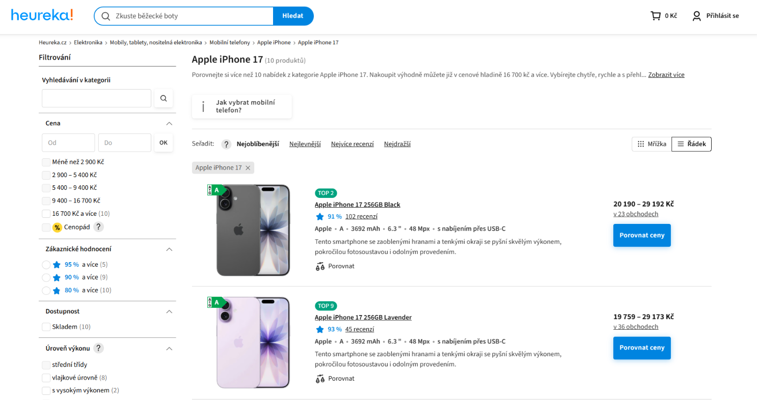 Výpis produktů na Heurece se srovnáním cen obchodů